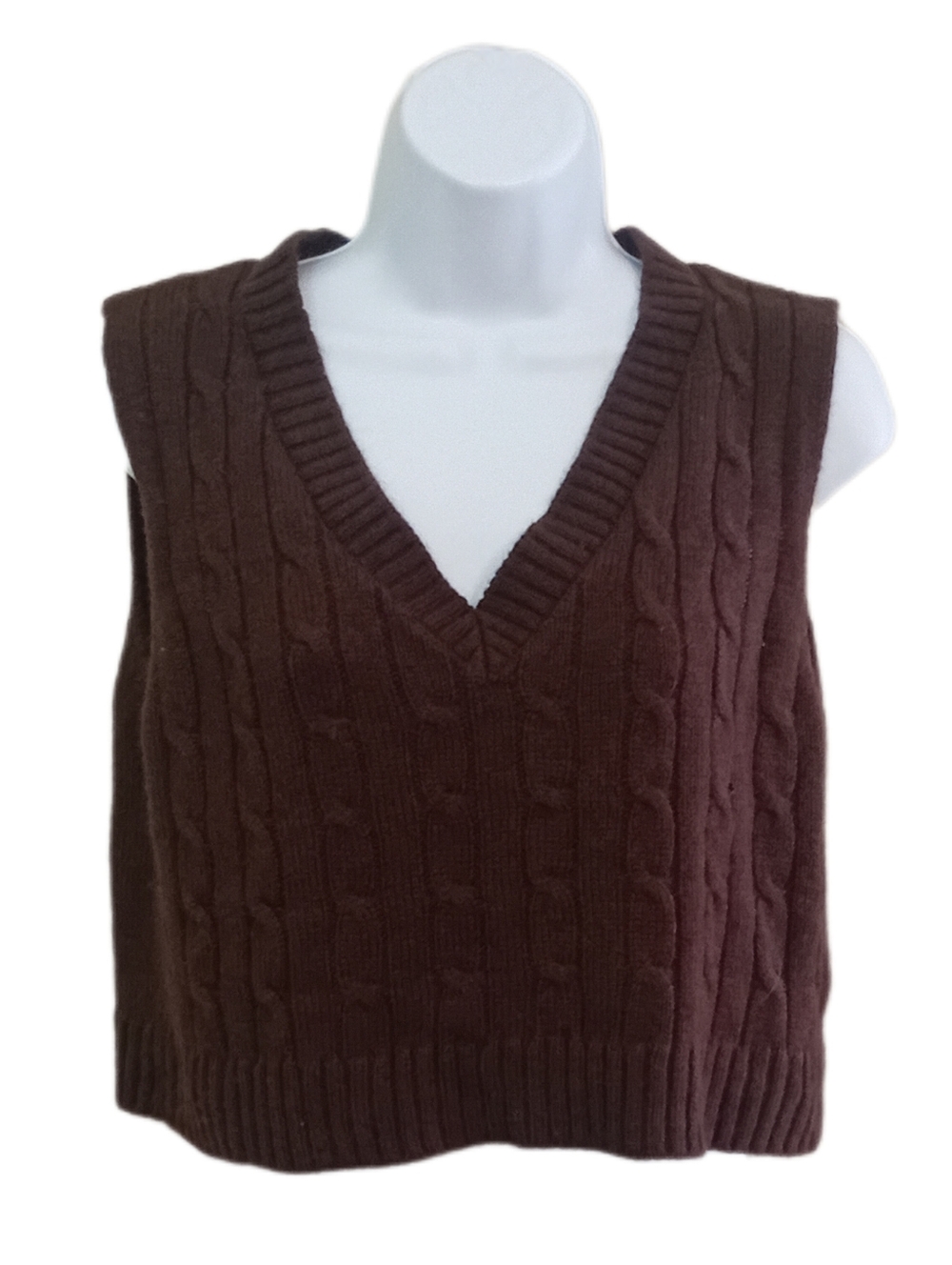 Brown Cable Knit V-Neck Cropped Sweater Vest